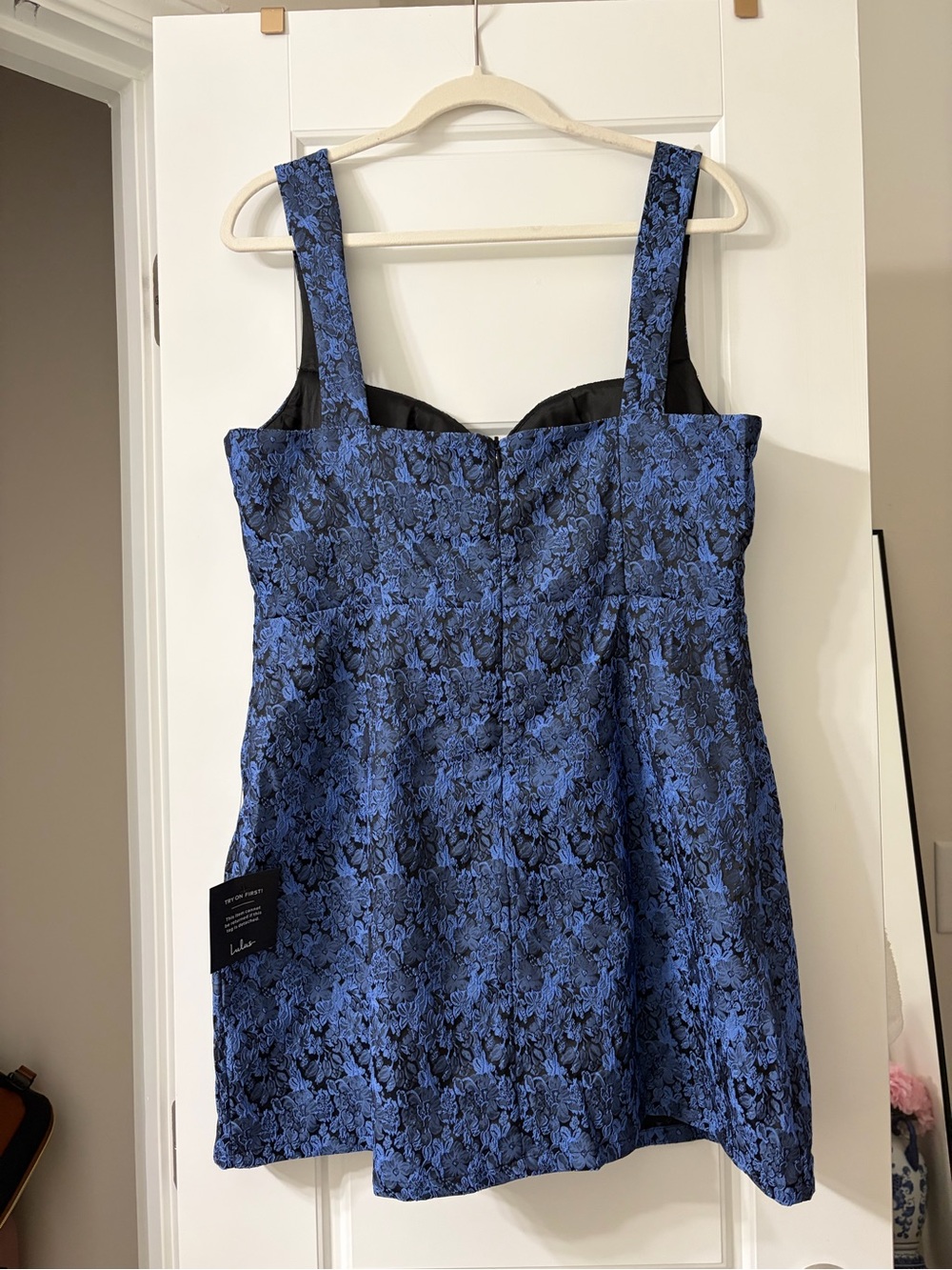 Lulus Sophisticated Celebration Dark Blue Jacquard Floral Mini Dress X-Large NWT - Picture 7 of 8